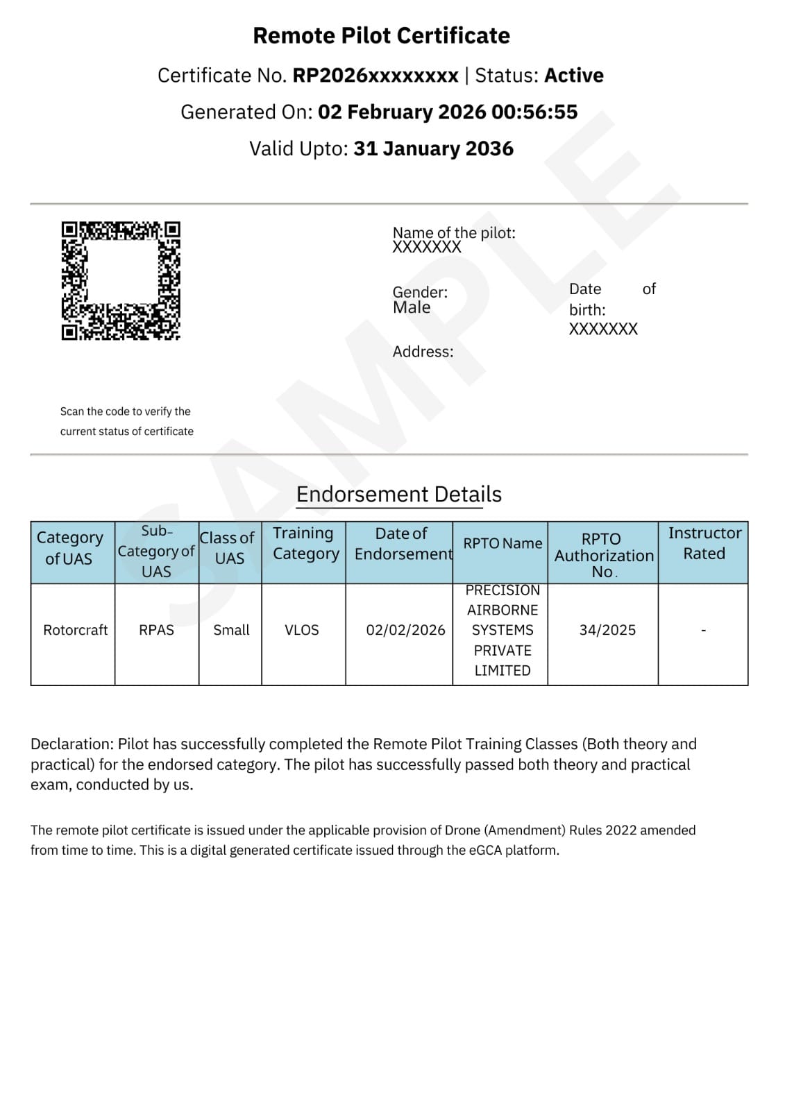 DGCA Remote Pilot Certificate for Rotorcraft, Small, VLOS, valid until 31 January 2036